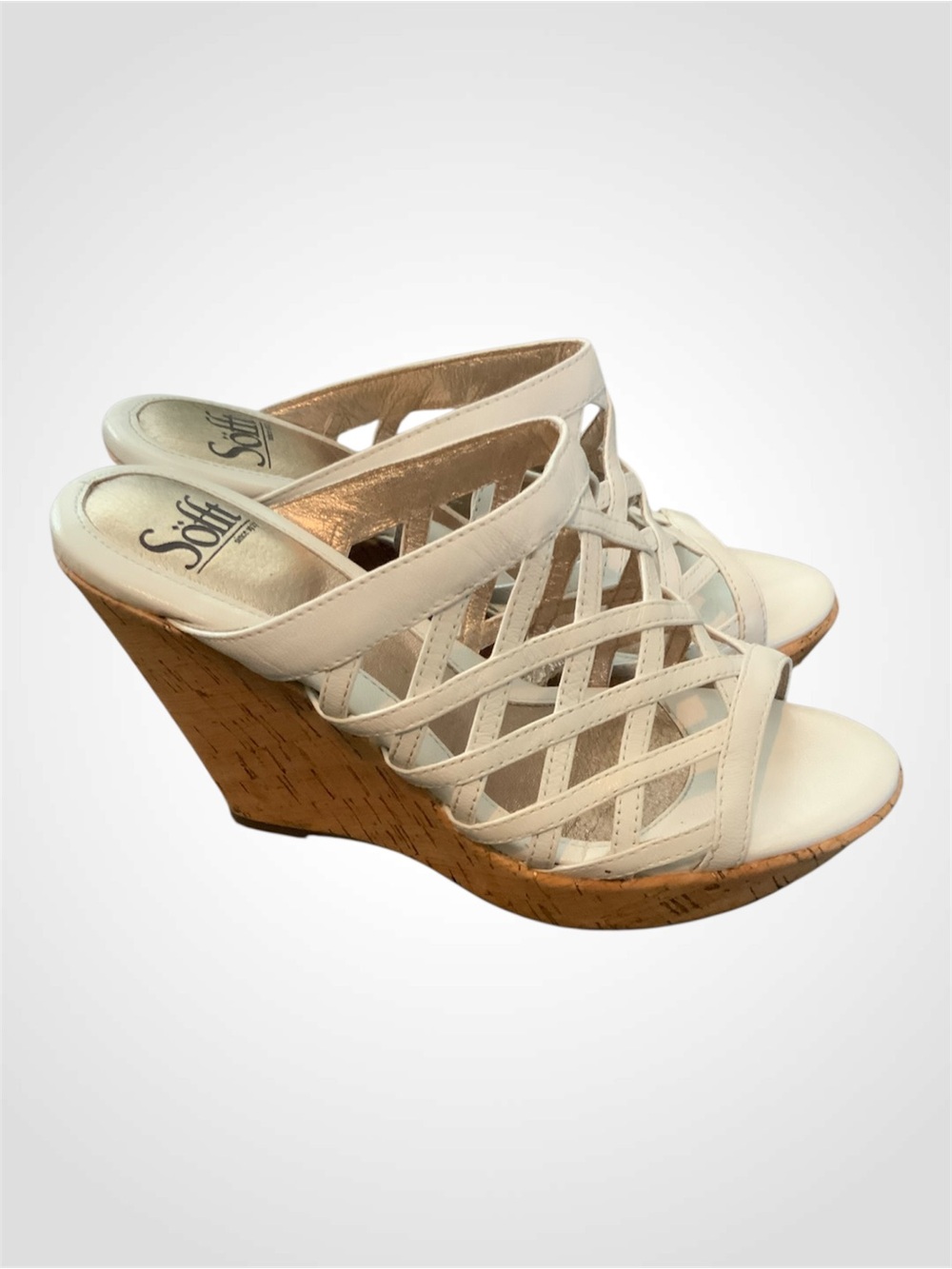 Sofft White Leather Lattice Cork Wedge Sandals 6.5
